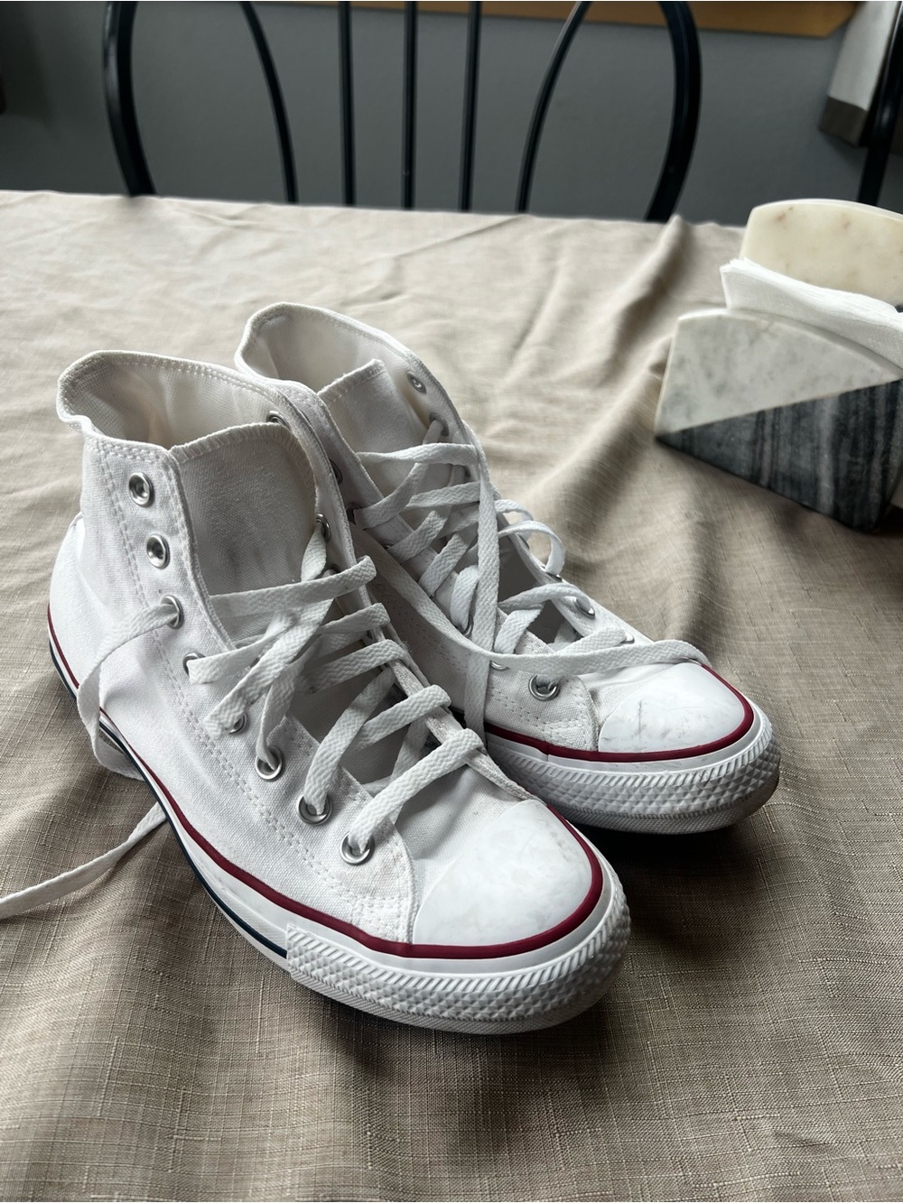 Converse White High-Top Lace-Up Canvas Boots with Red Trim